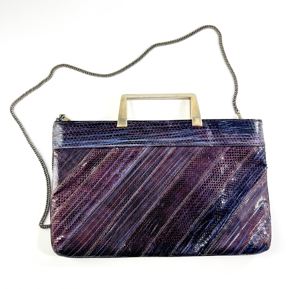 Eel Skin Leather Purple Clutch with Gold-Tone Handle Vintage